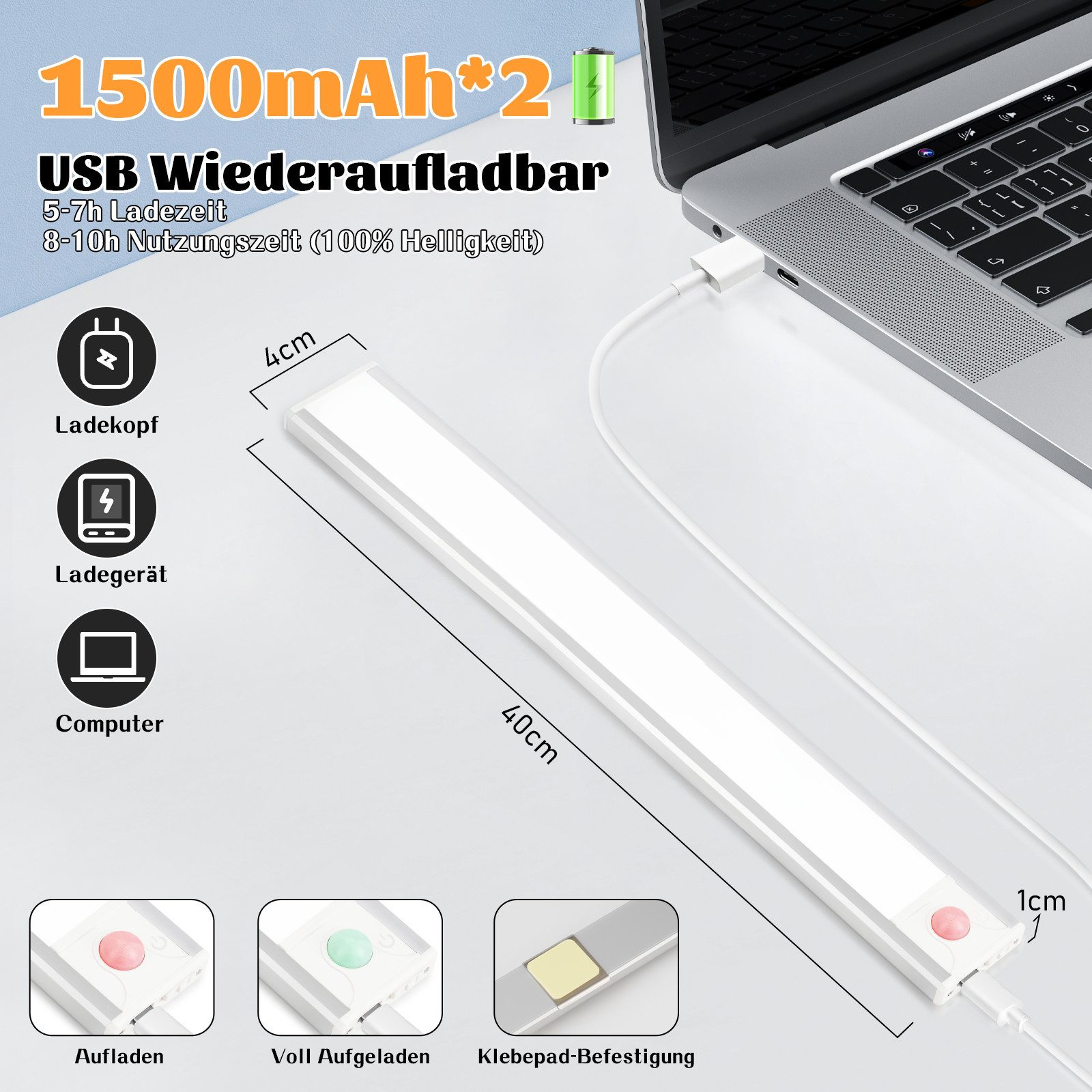 Laptop ładuje długą lampę LED. Tekst pokazuje czas ładowania, czas użytkowania i montaż.