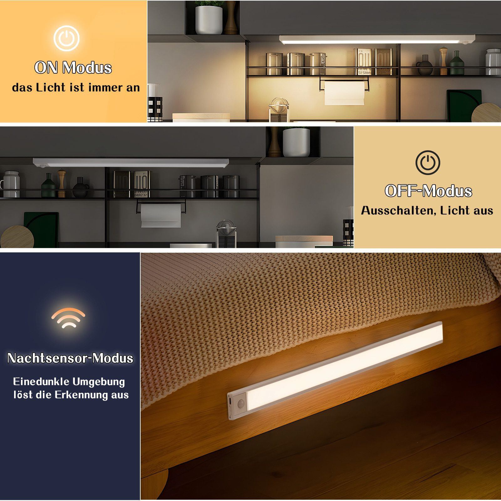 Kolaż długiej lampy LED w różnych ustawieniach: włączona, wyłączona i tryb czujnika nocnego.