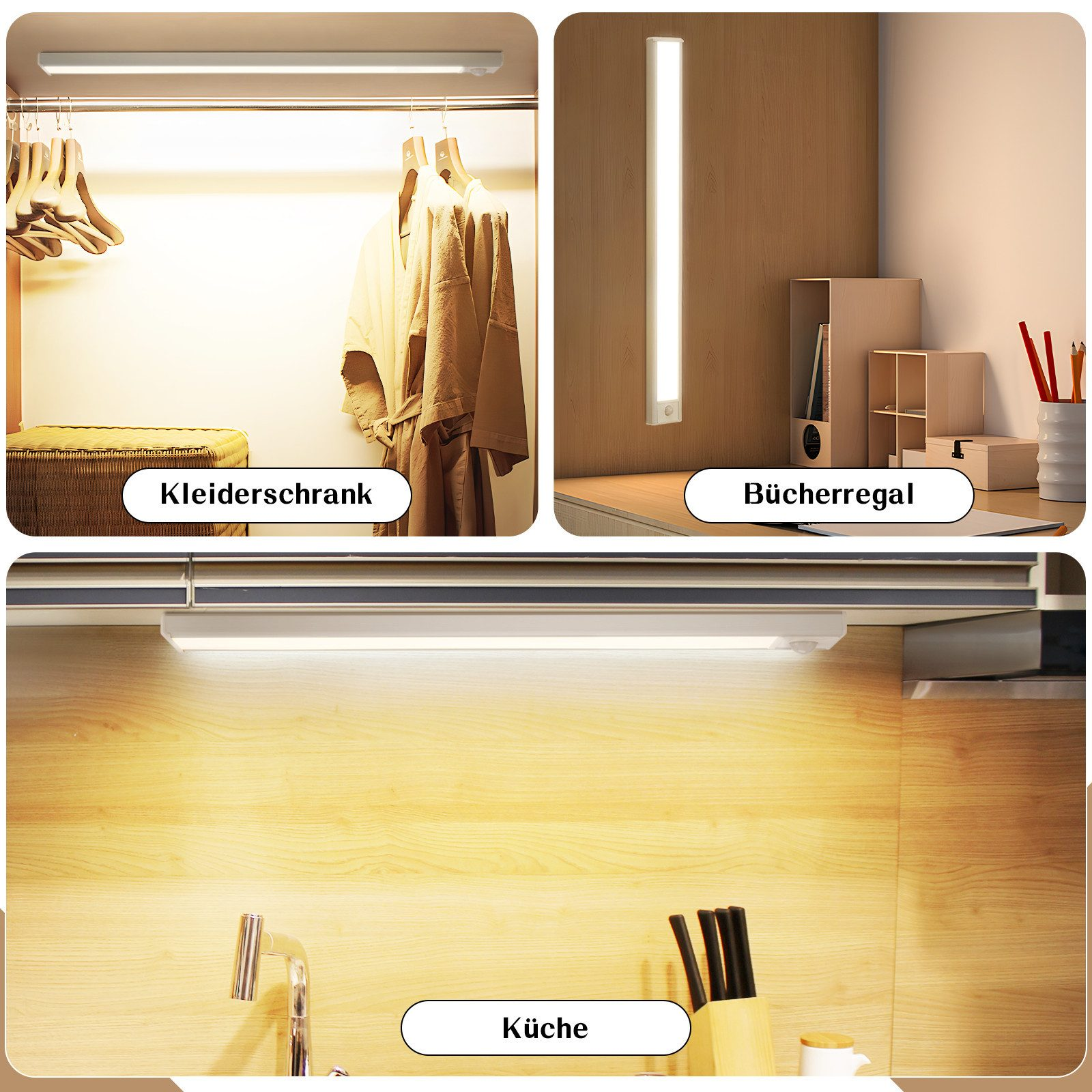 Kolaż długiej lampy LED zainstalowanej w szafie, regale i kuchni.