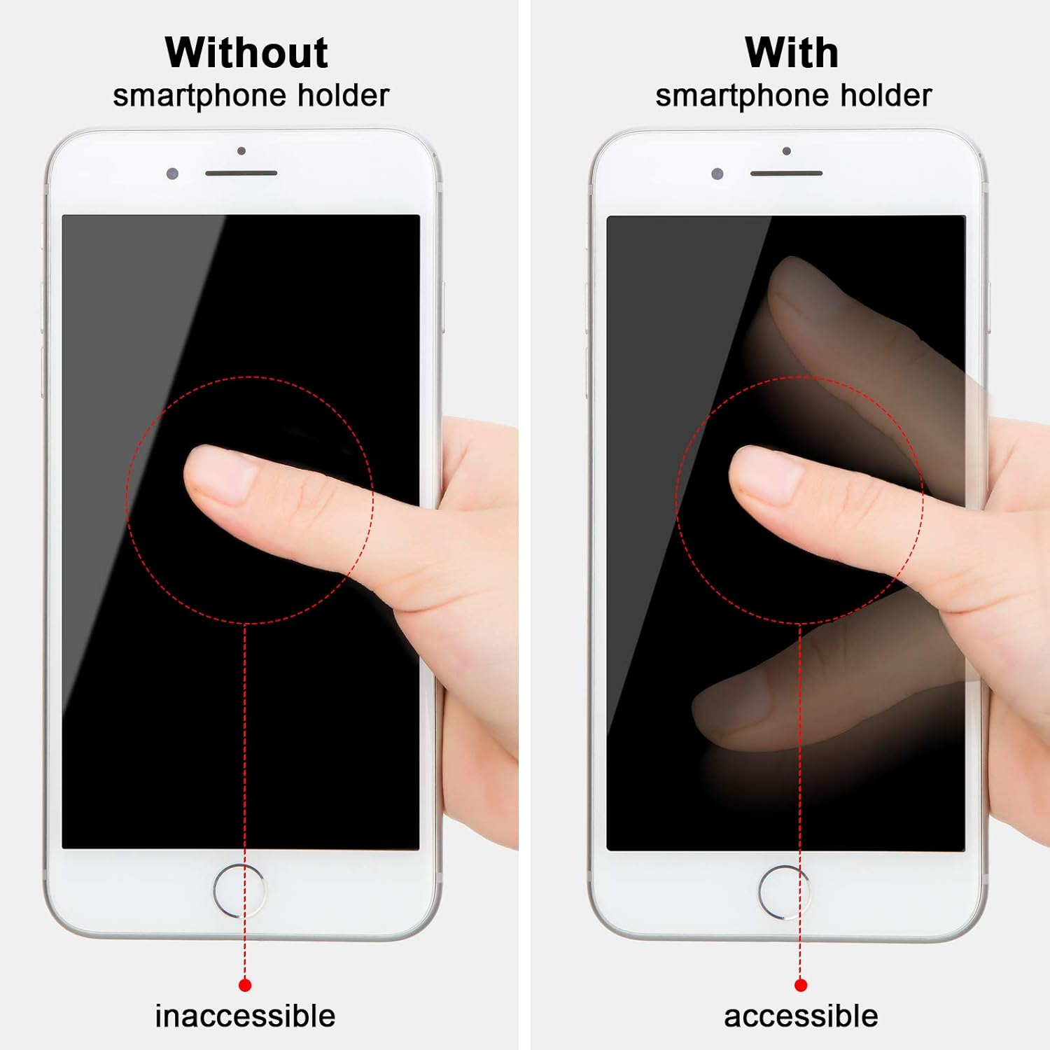 Zwei Telefone, von denen eines einen unzugänglichen Touchscreen und das andere einen zugänglichen Touchscreen zeigt.