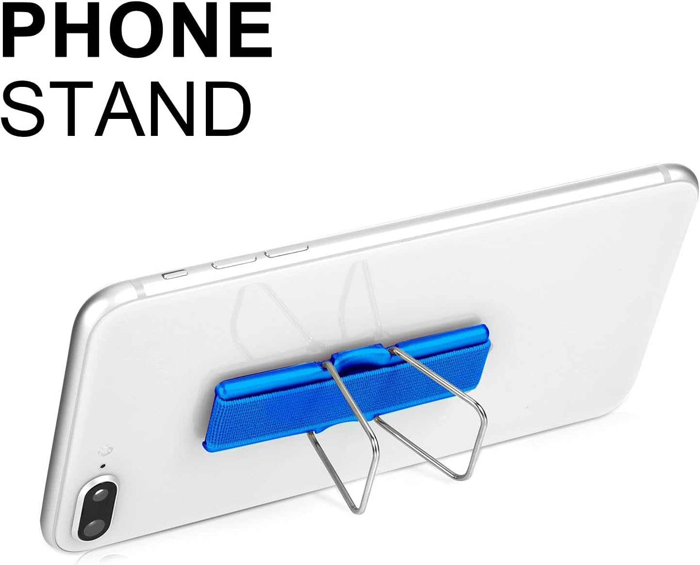 Telefon mit einem blauen Griff, der als Ständer auf einem weißen Hintergrund verwendet wird.