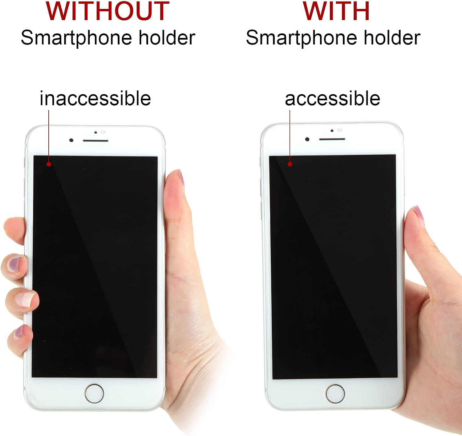 Zwei Telefone, eines mit Halterung, die zugängliche vs. unzugängliche Reichweite zeigen.