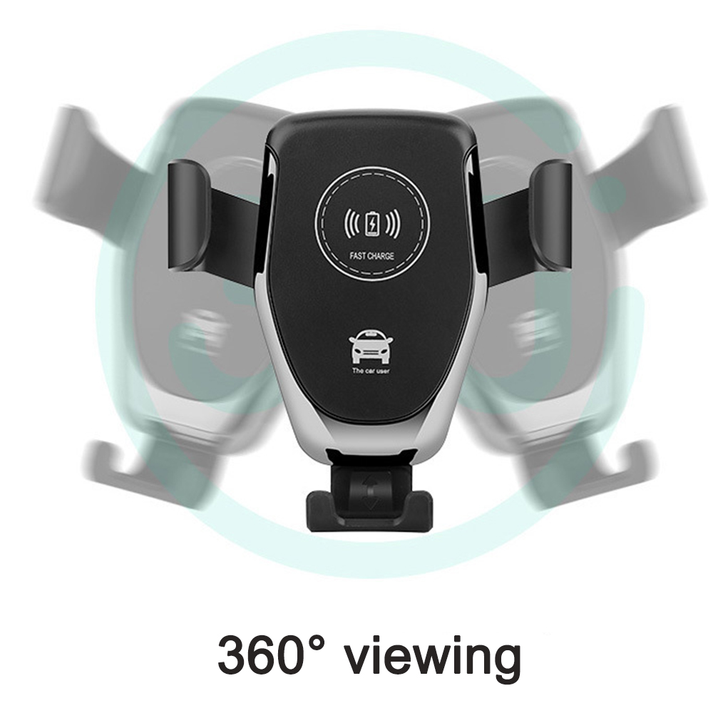 Ein schwarzer und silberner Autotelefonhalter mit der Aufschrift 'FAST CHARGE' und einem Autosymbol, der sich um 360° drehen lässt.