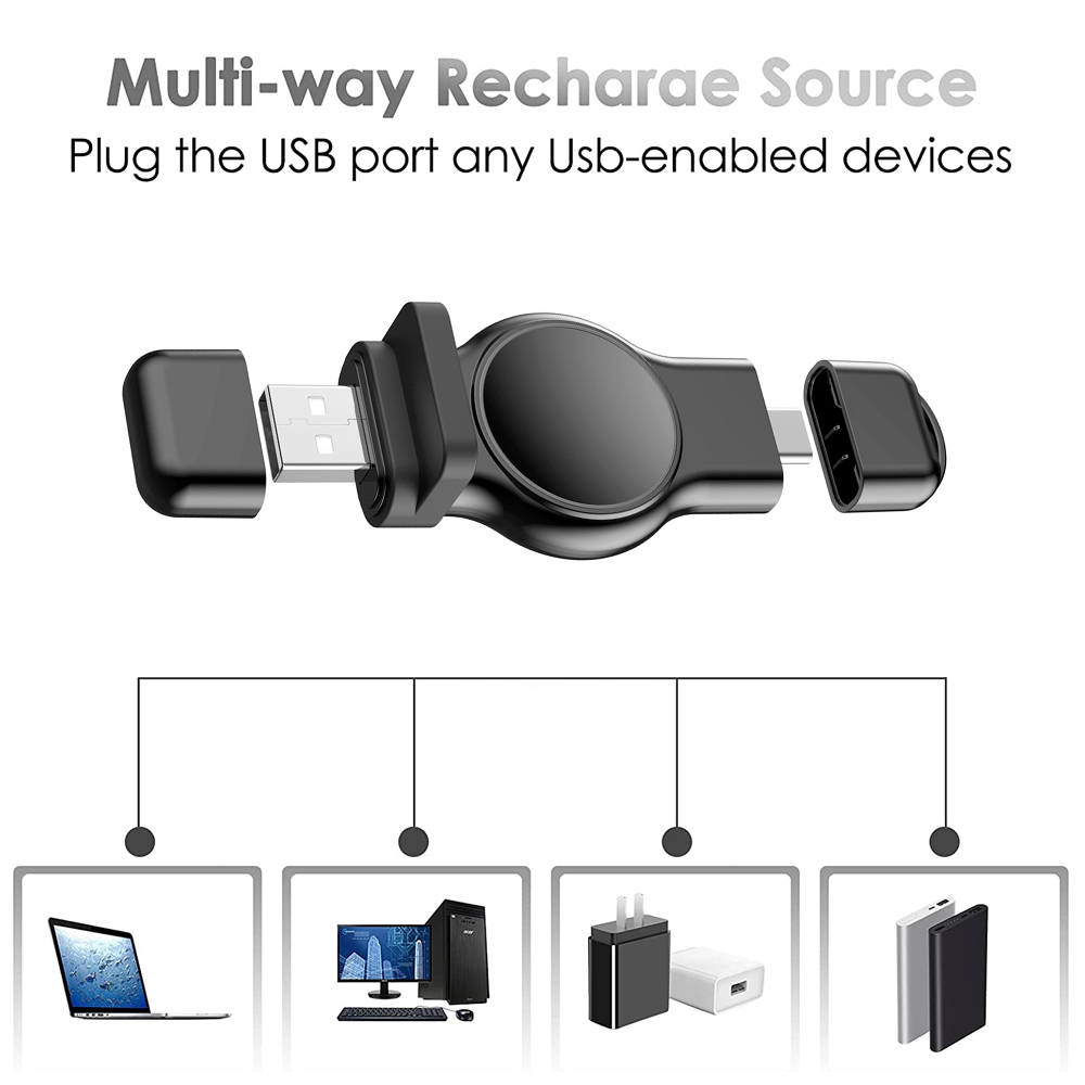 Ein schwarzer USB-Adapter mit USB-A- und USB-C-Anschlüssen, der mit Ladeoptionen dargestellt wird.