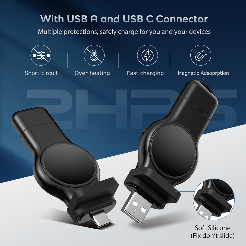 Zwei schwarze USB-Adapter mit USB-A- und USB-C-Anschlüssen, die Ladeschutzfunktionen zeigen.