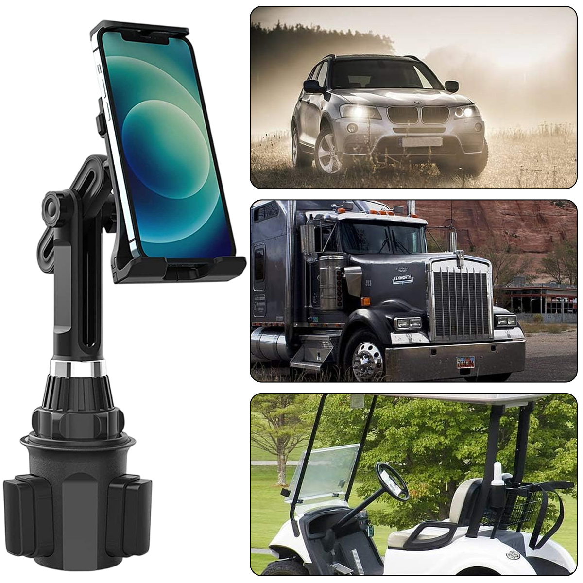 Collage aus einer Telefonhalterung, einem Auto, einem LKW und einem Golfwagen, die vielseitige Anwendungsfälle für das Produkt zeigt.