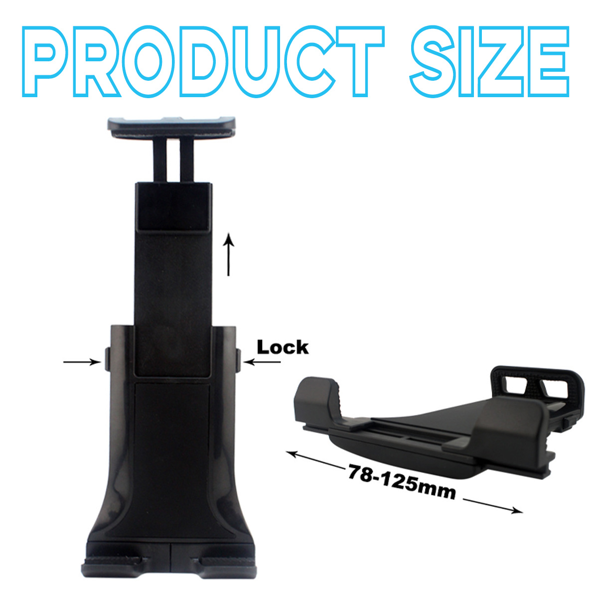 Schwarze Tablethalterung mit Produktgrößenangaben, die die Verstellbarkeit von 78-125 mm demonstriert.