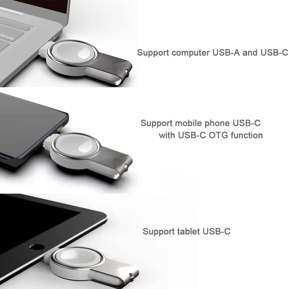 Silberner USB-Adapter, der an einen Laptop, ein Telefon und ein Tablet angeschlossen ist und die Kompatibilität mit verschiedenen Geräten zeigt.