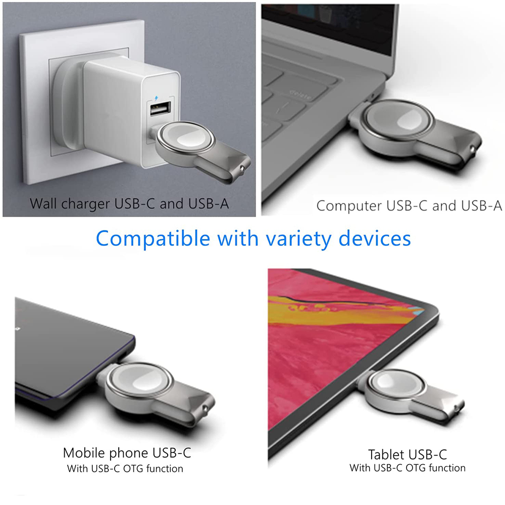 Silberner USB-Adapter, der an Wandladegerät, Laptop, Telefon und Tablet angeschlossen ist und die Kompatibilität mit verschiedenen Geräten zeigt.