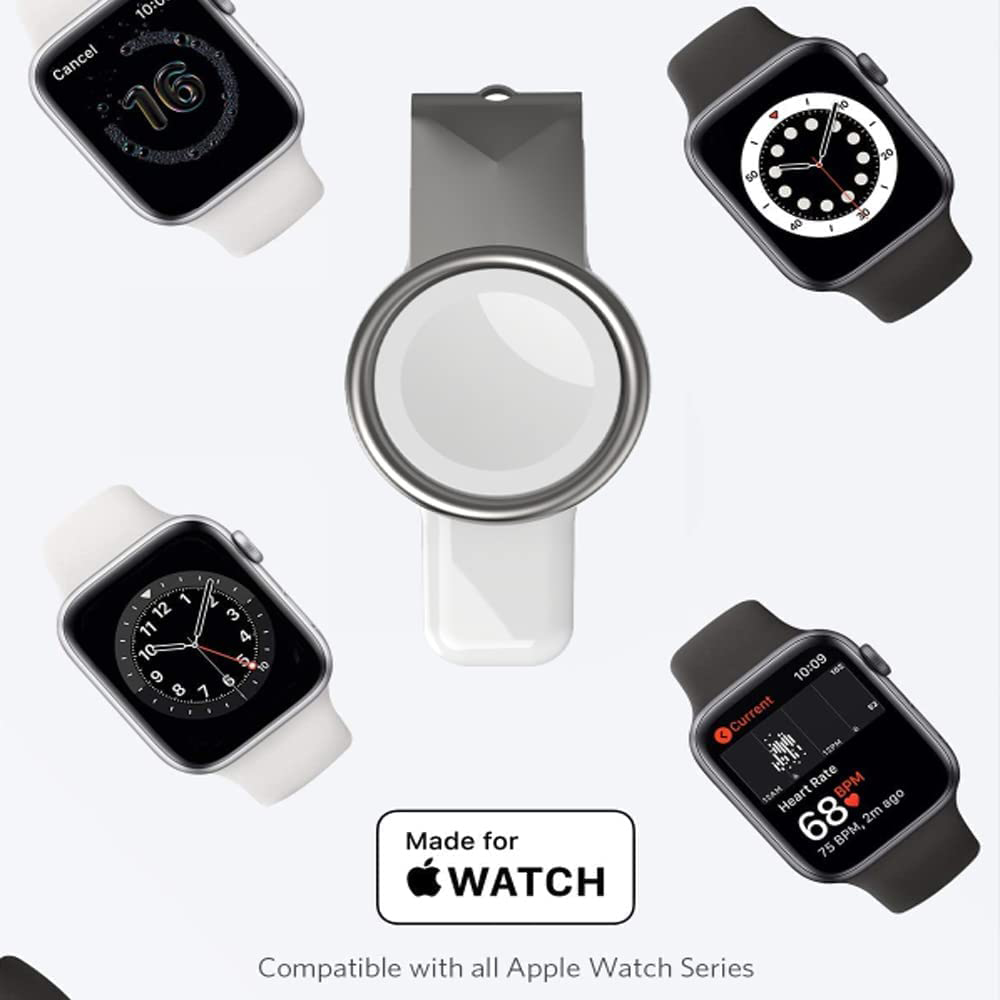 Apple Watch-Ladegerät, umgeben von mehreren Apple Watches, die verschiedene Zifferblätter zeigen und die Kompatibilität hervorheben.