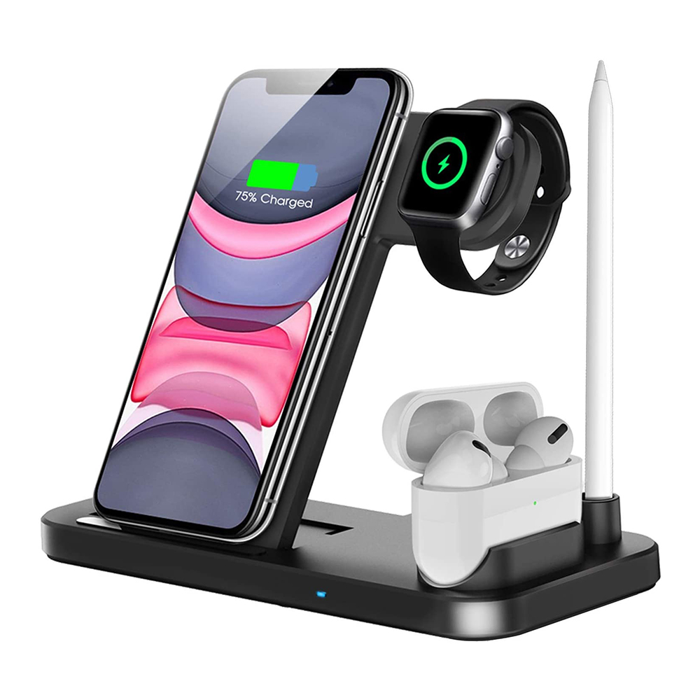 Eine schwarze Ladestation mit einem Telefon, einer Uhr, Ohrhörern und einem weißen Stift.