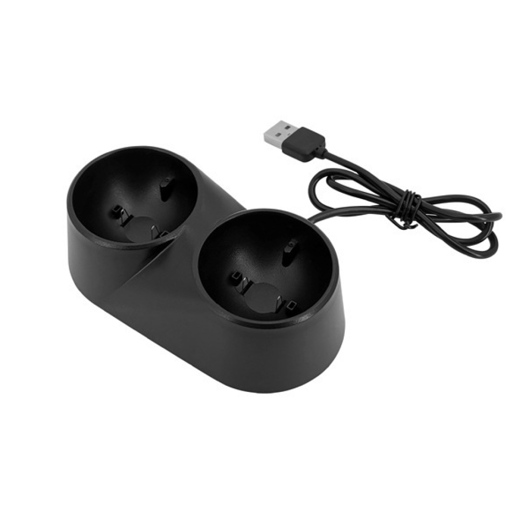 Eine schwarze duale Ladestation mit einem USB-Kabel auf einem weißen Hintergrund.