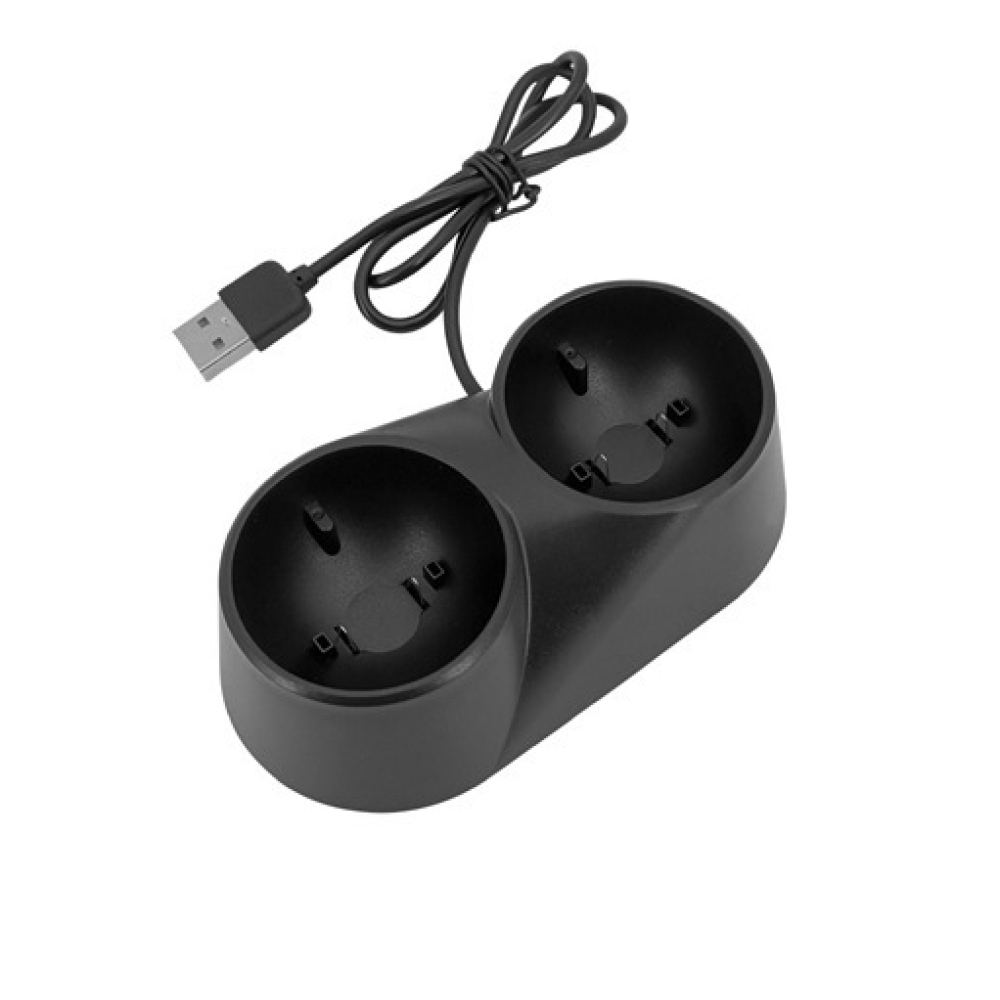 Eine schwarze duale Ladestation mit einem USB-Kabel auf einem weißen Hintergrund.