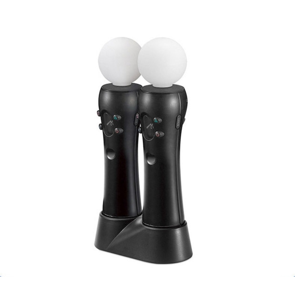 Zwei schwarze PlayStation Move-Controller mit leuchtenden weißen Kugeln auf einem Ladeständer.