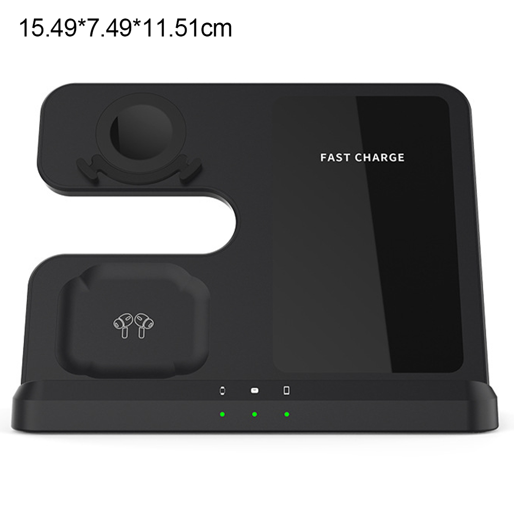 Schwarze Ladestation mit vorgesehenen Plätzen für Ohrhörer, eine Uhr und ein Telefon mit dem Text "FAST CHARGE".