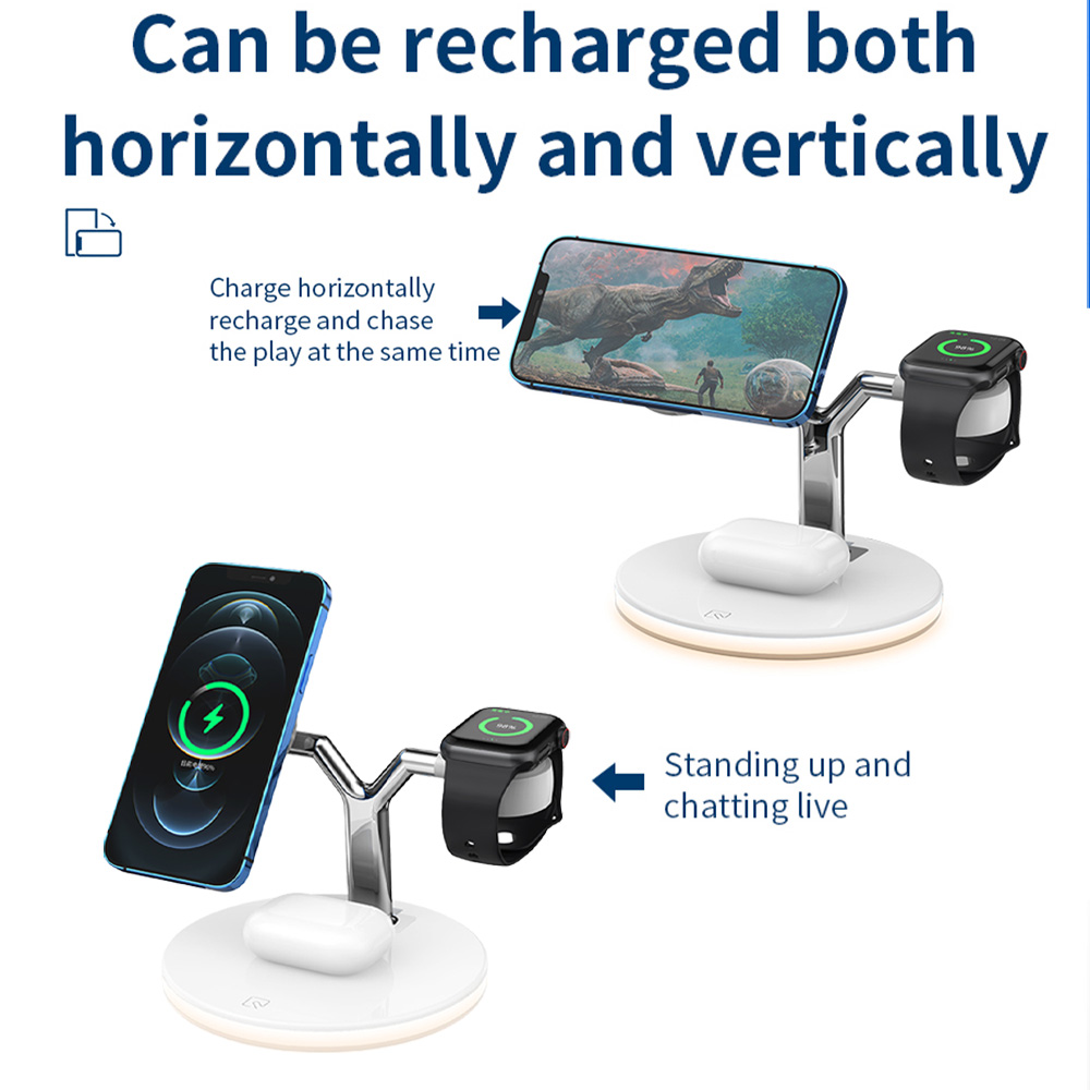 Zwei Ansichten eines 3-in-1-Wireless-Ladegeräts, das Telefone, Uhren und Ohrhörer zeigt, die auf einer weißen Basis geladen werden.
