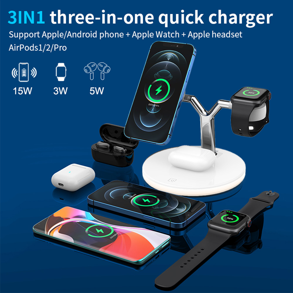 3-in-1-Ladegerät mit Ladung für Telefone, Ohrhörer und Uhren mit Anzeige der Leistungsstufen.