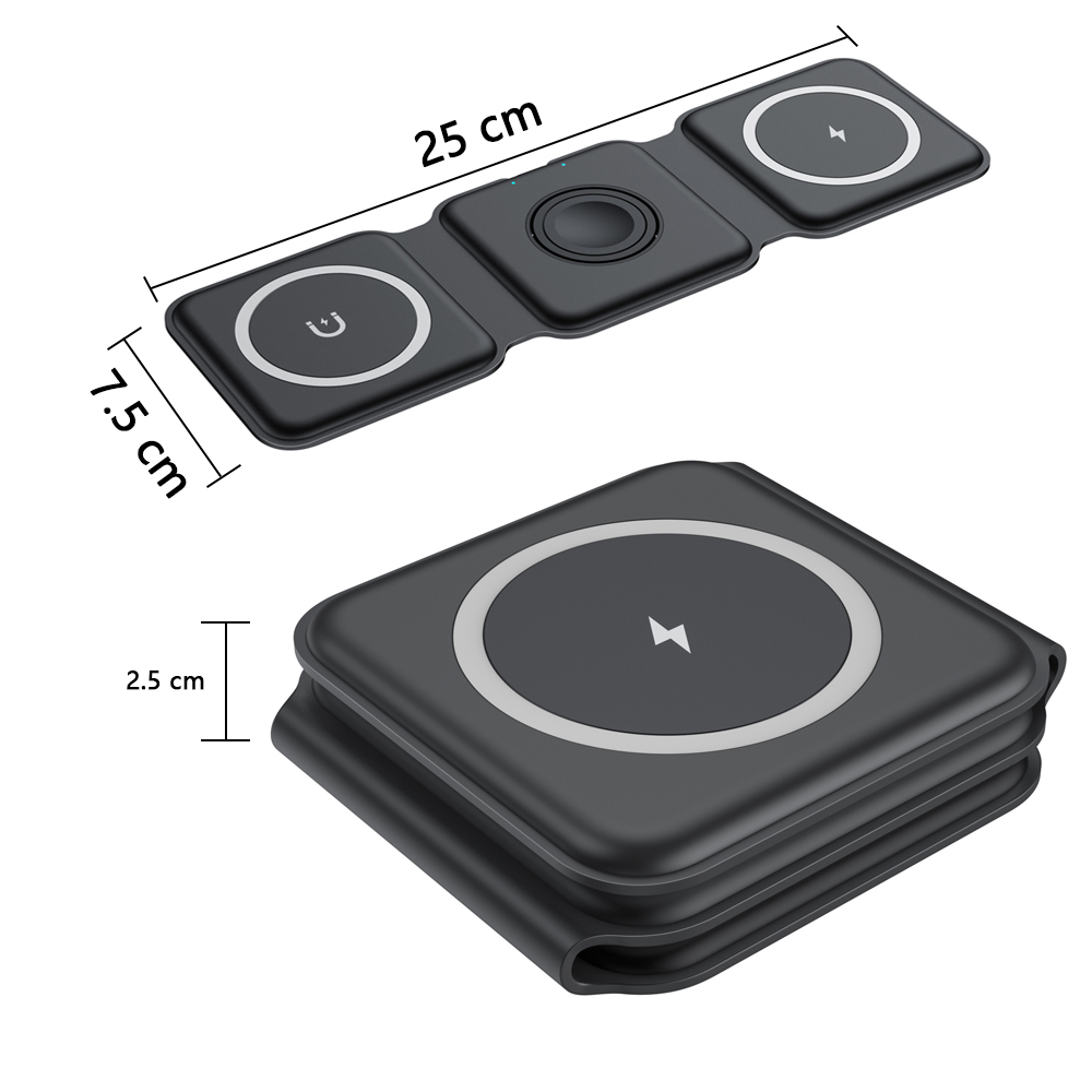 Ein schwarzes, zusammenklappbares Drei-in-Eins-Wireless-Ladegerät mit den Abmessungen 25 cm, 7,5 cm und 2,5 cm.