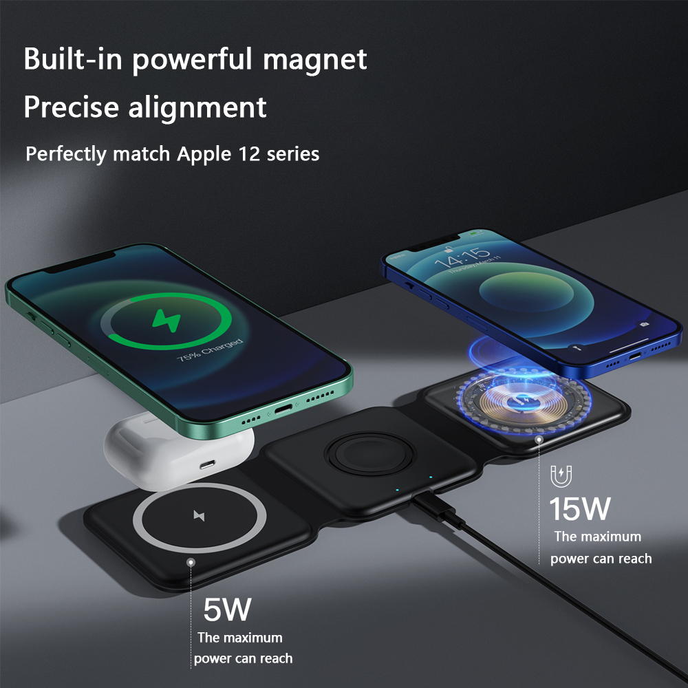 Ein schwarzes, zusammenklappbares Drei-in-Eins-Wireless-Ladegerät, das zwei Telefone und Ohrhörer auflädt. Text auf dem Bild.