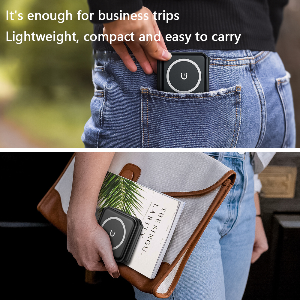 Ein schwarzes, zusammenklappbares Drei-in-Eins-Wireless-Ladegerät in einer Tasche und in einer Tasche. Text auf dem Bild.
