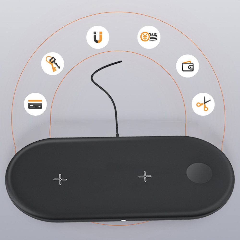 Schwarzes kabelloses Ladepad mit Ladesymbolen, Kabel und Illustrationen.