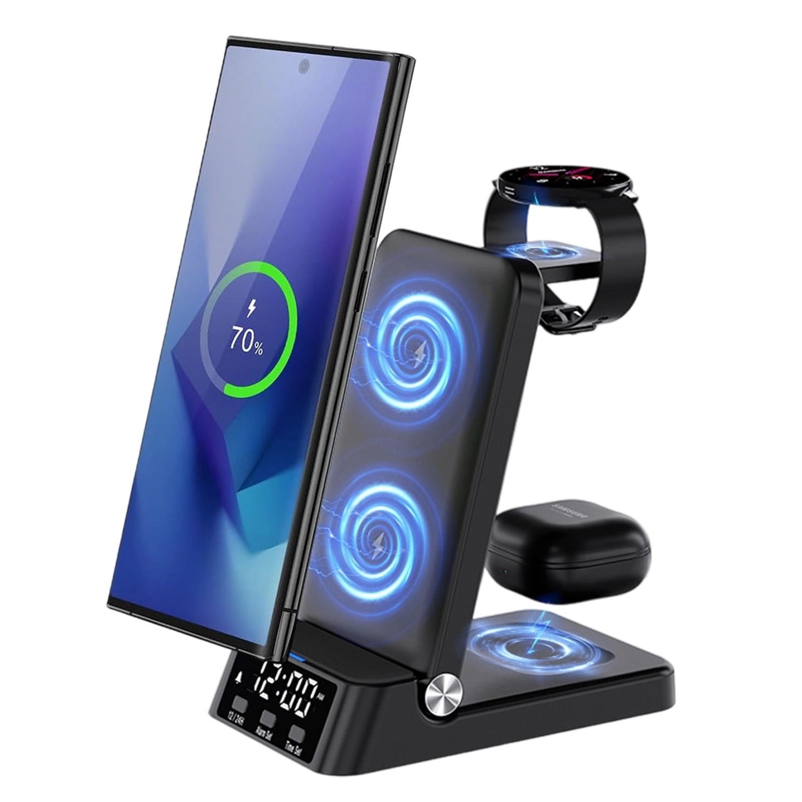 Eine Ladestation mit einem Telefon, einer Uhr und Ohrhörern, die alle geladen werden.