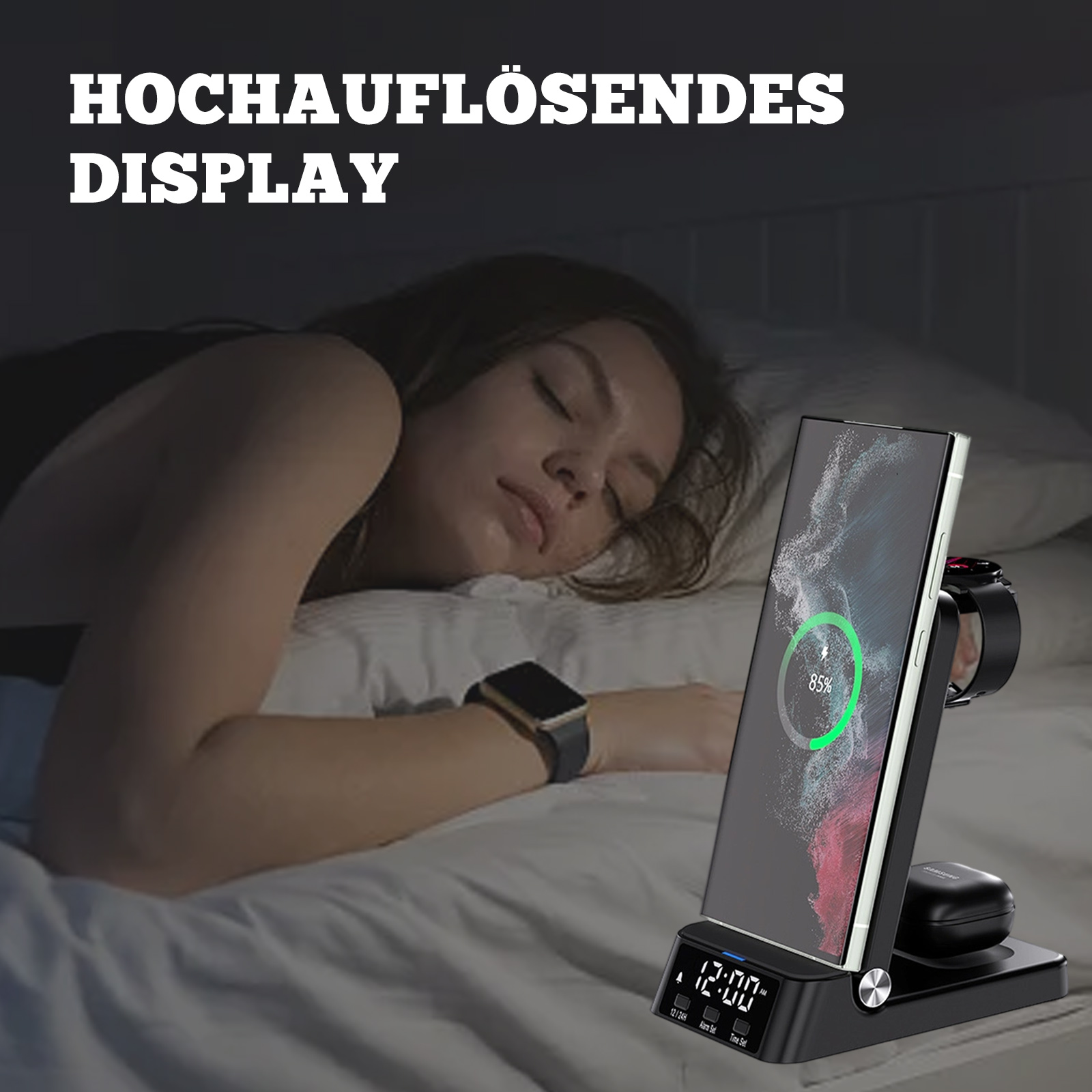 Eine Ladestation mit einem Telefon, einer Uhr und Ohrhörern neben einer schlafenden Frau.