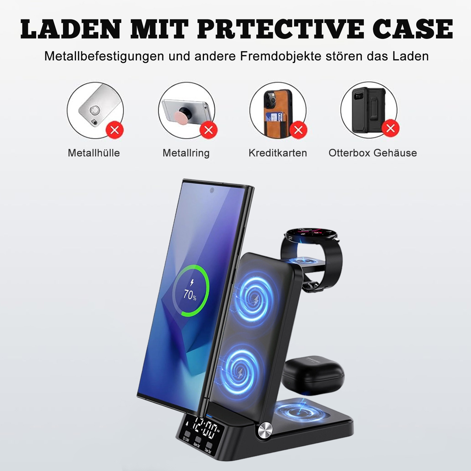 Eine Ladestation mit Telefon, Uhr und Ohrhörern, die betont, dass Metallgehäuse und Karten das Laden stören.