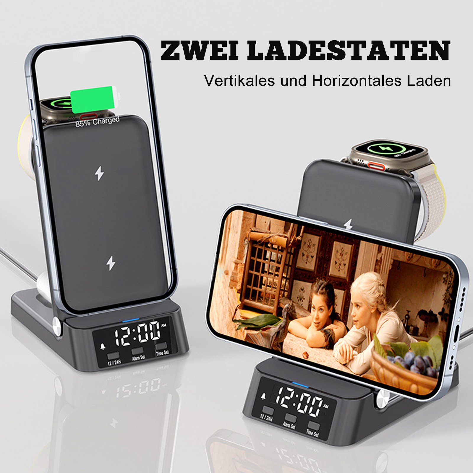 Zwei kabellose Ladestationen, die Telefone in vertikaler und horizontaler Position anzeigen, eine beim Laden, die andere Medien.