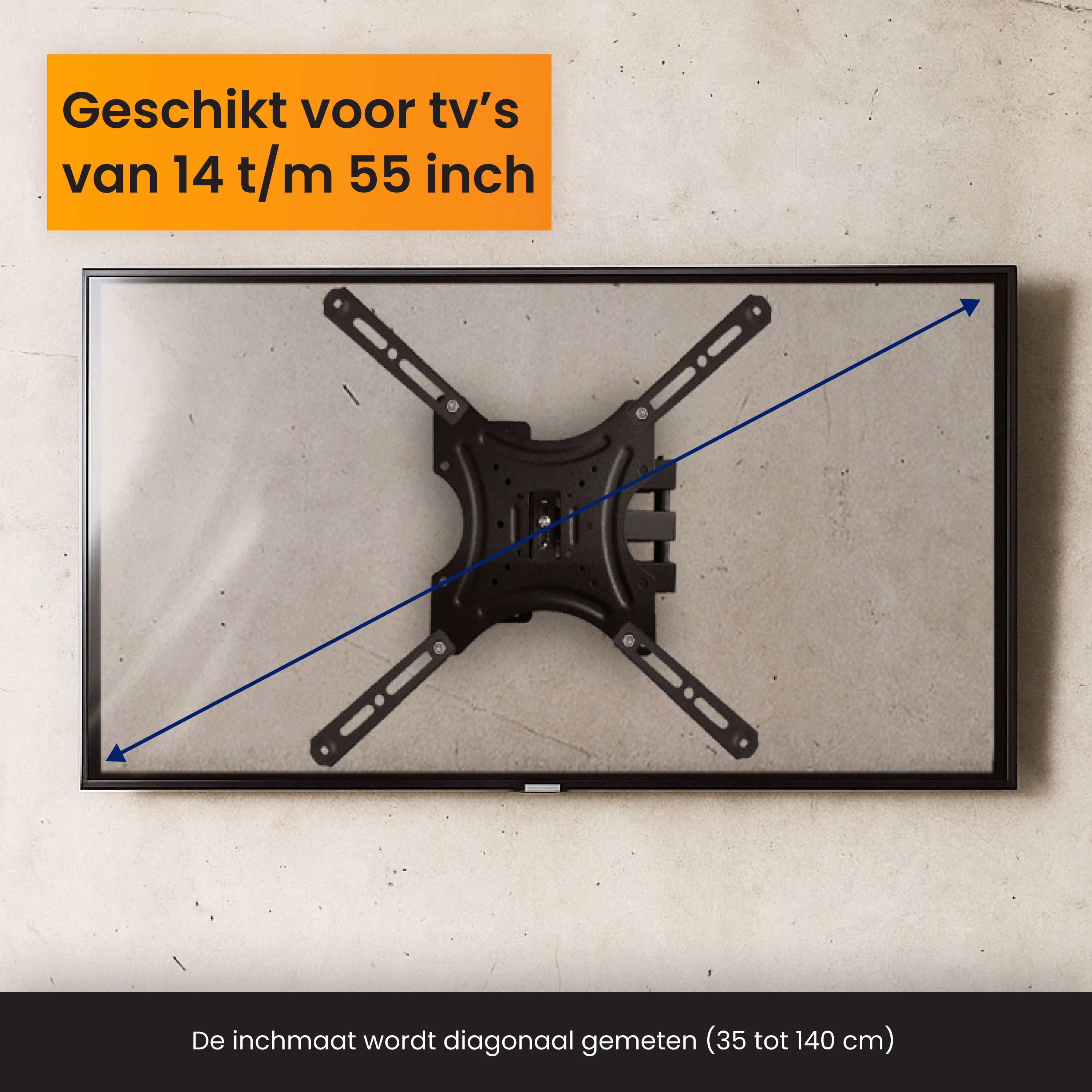 Een tv-beugel wordt getoond in een tv-scherm, met pijlen die aangeven dat deze geschikt is voor tv's van 14 tot 55 inch.