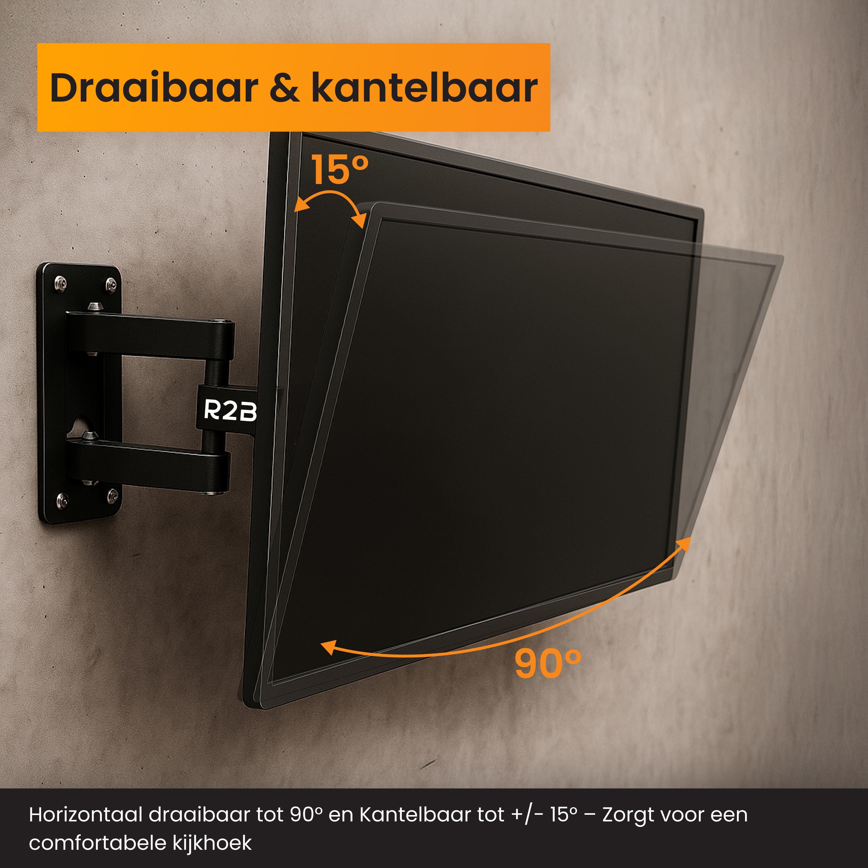 Een tv gemonteerd op een muurbeugel wordt getoond terwijl hij kantelt en draait, wat de verstelbare kijkhoeken demonstreert.