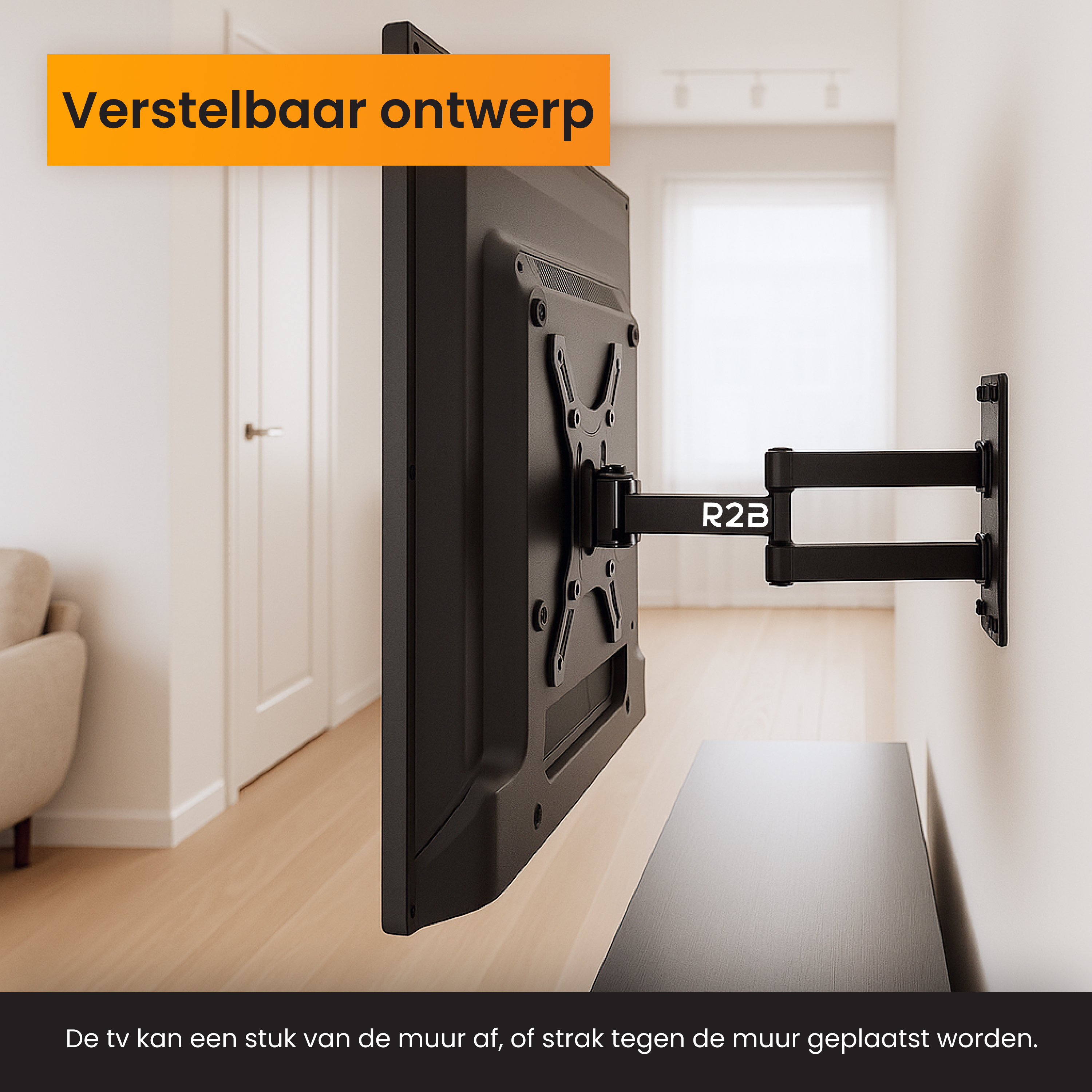 Een zwarte tv is aan een muur gemonteerd met een beugel. Het is in een heldere kamer met een witte muur.