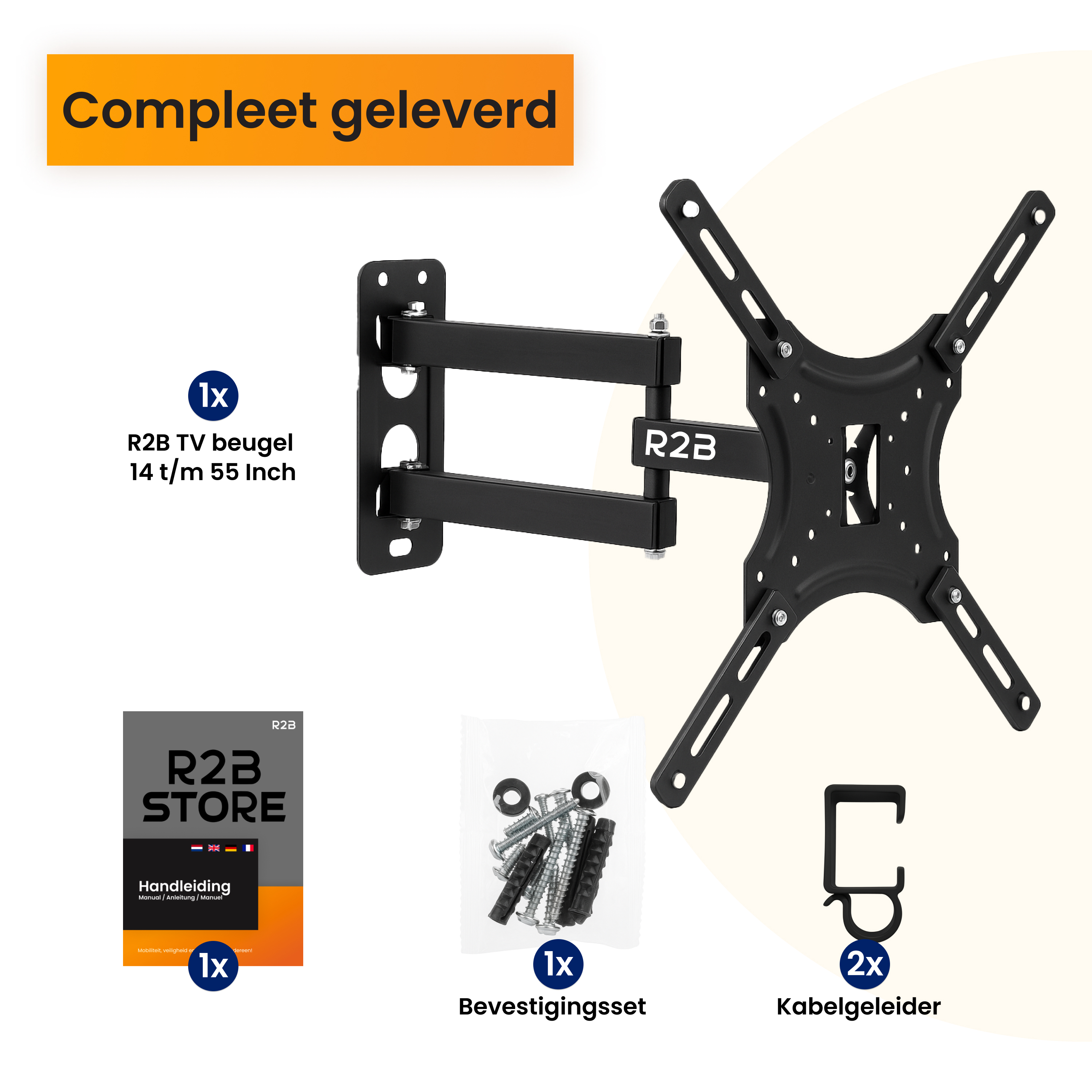 Een zwarte R2B tv-beugel wordt getoond met hardware, kabelgeleiders en een handleiding.