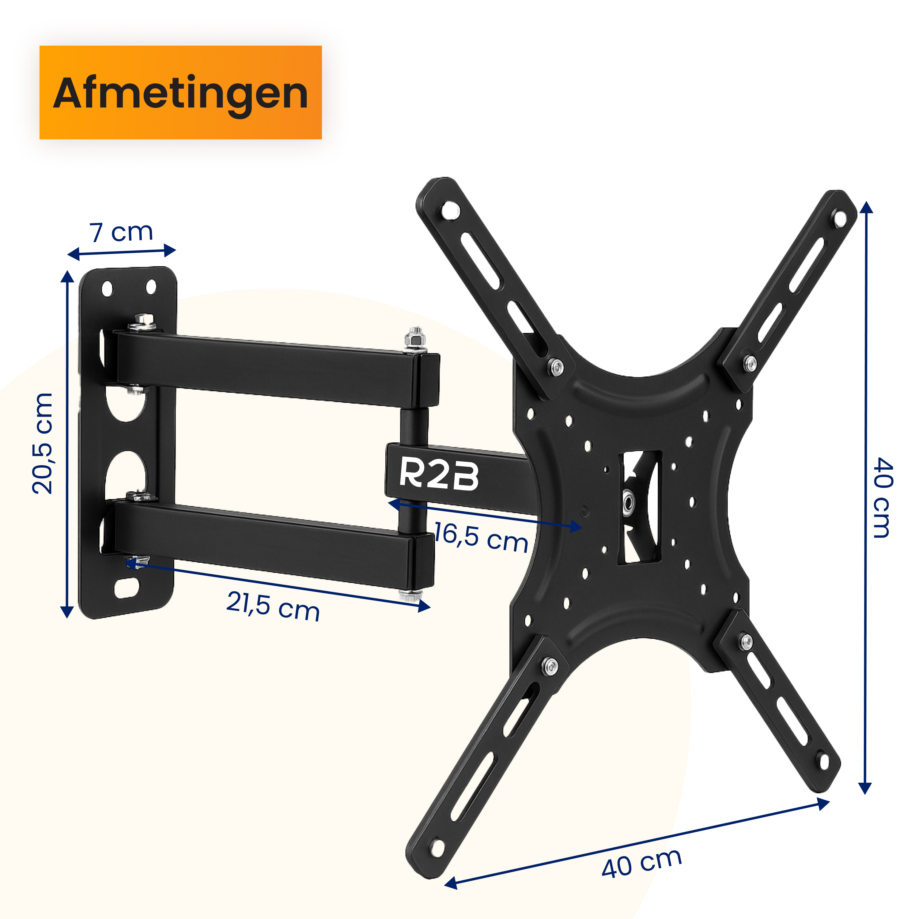 Een zwarte tv-beugel wordt getoond met afmetingen, waaronder 7 cm, 20,5 cm, 21,5 cm en 40 cm.
