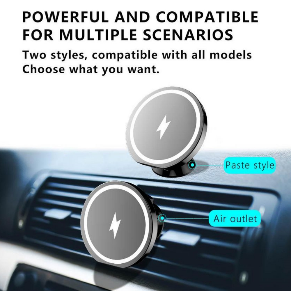 Zwei magnetische Handyhalter, einer im Klebestil und einer im Luftauslassstil, sind im Bild dargestellt.