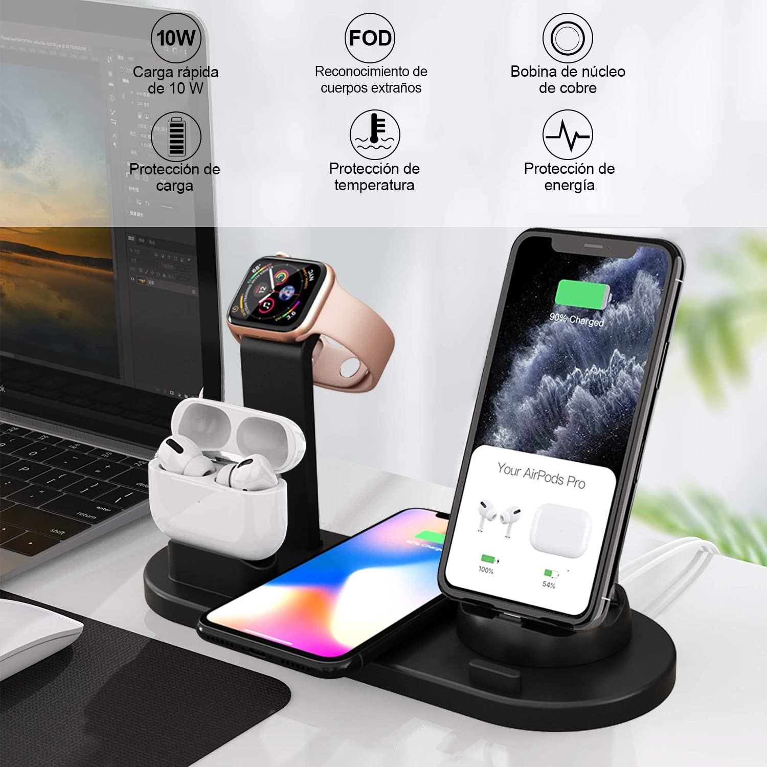 Eine Ladestation lädt mehrere Geräte auf, darunter ein Telefon, eine Uhr und AirPods, neben einem Laptop.