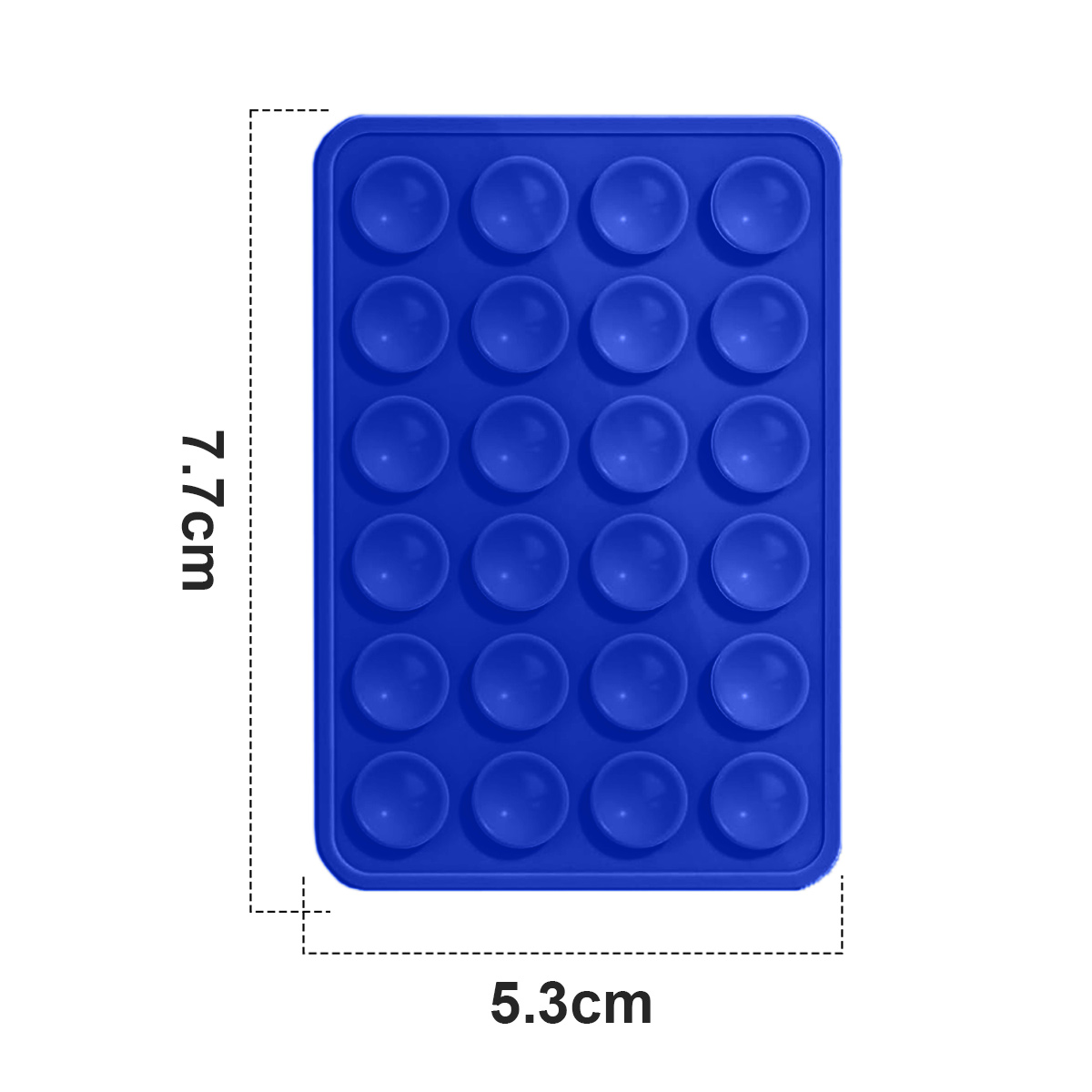 Blaues Silikonpad mit Saugnäpfen misst 7,7 cm x 5,3 cm.