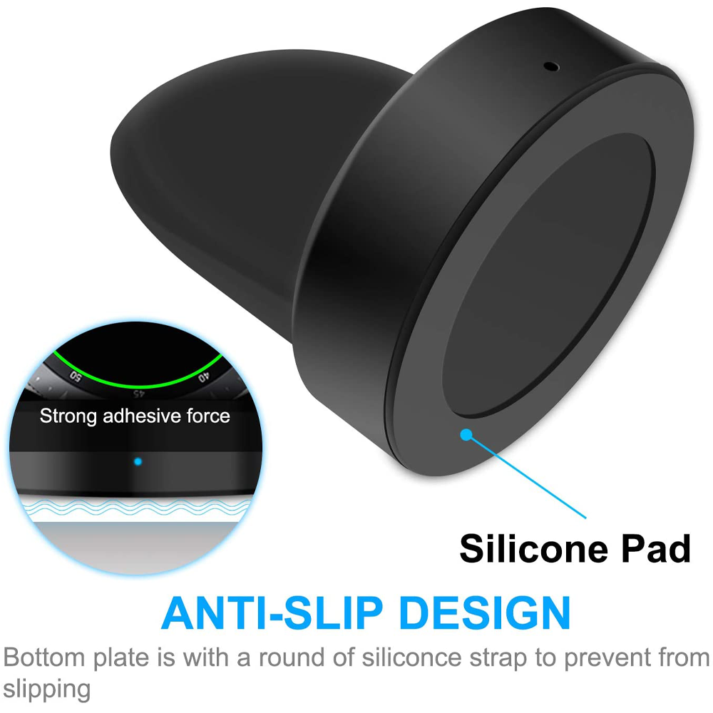 Ein schwarzes kabelloses Ladegerät mit einem Silikonpad, um ein Verrutschen zu verhindern.