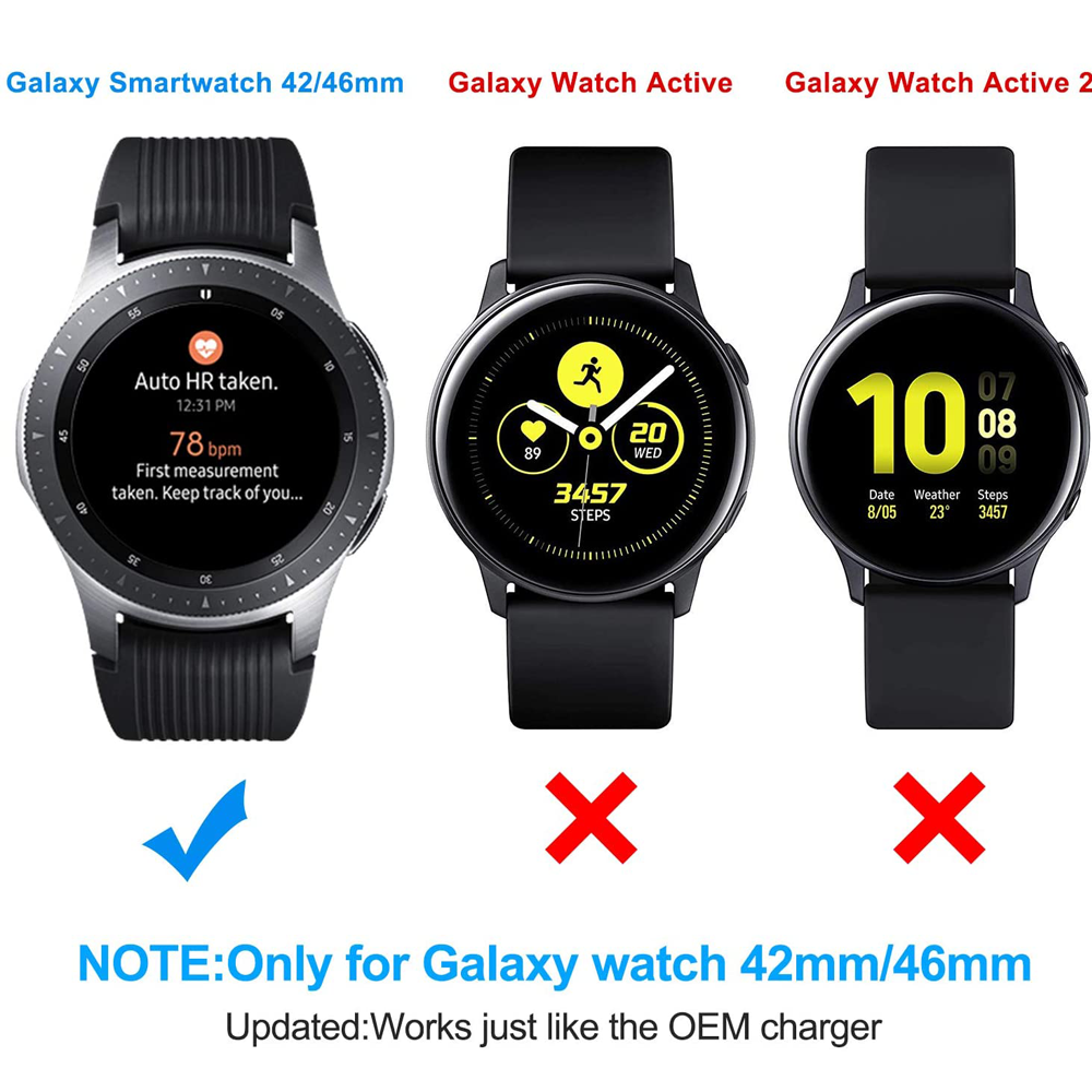 Drei Smartwatches mit einem blauen Häkchen, das die Kompatibilität des Ladegeräts anzeigt.