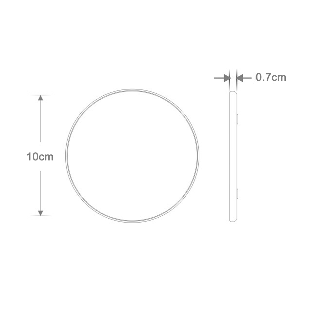 Ein Diagramm zeigt die Abmessungen eines kabellosen Ladegeräts: 10 cm Durchmesser und 0,7 cm Dicke.