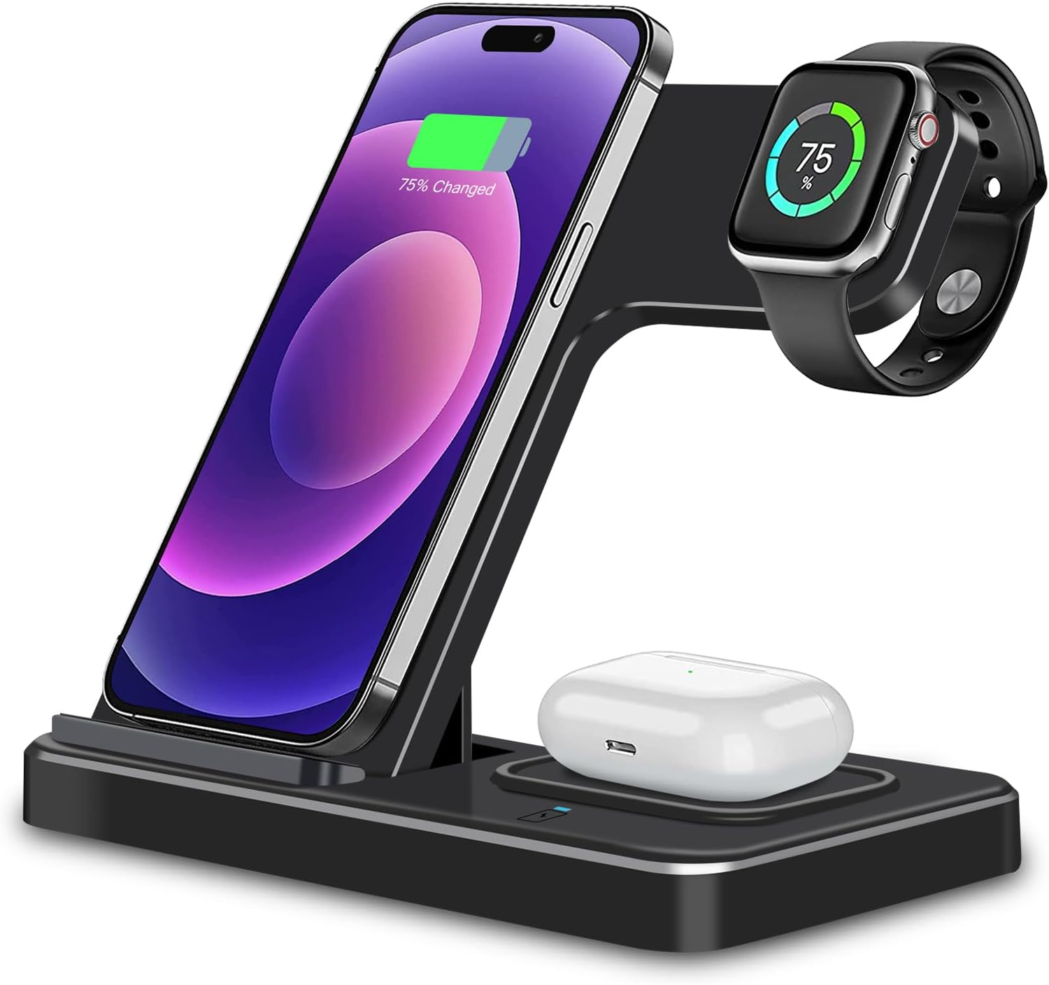 Ein schwarzer Ladeständer hält ein Telefon, eine Uhr und Ohrhörer, die alle den Ladestatus anzeigen.