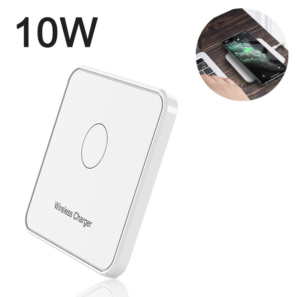 Ein weißes kabelloses Ladegerät wird mit dem Text "Wireless Charger" und "10W" im Bild gezeigt.