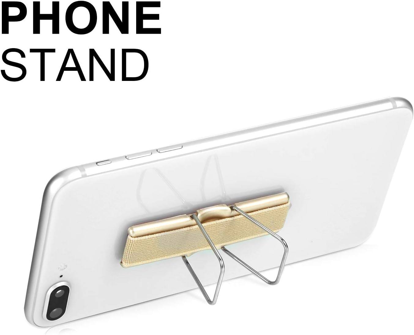 Ein Telefonständer auf der Rückseite eines weißen Telefons mit einem goldenen Gummiband und einem silbernen Metallständer.