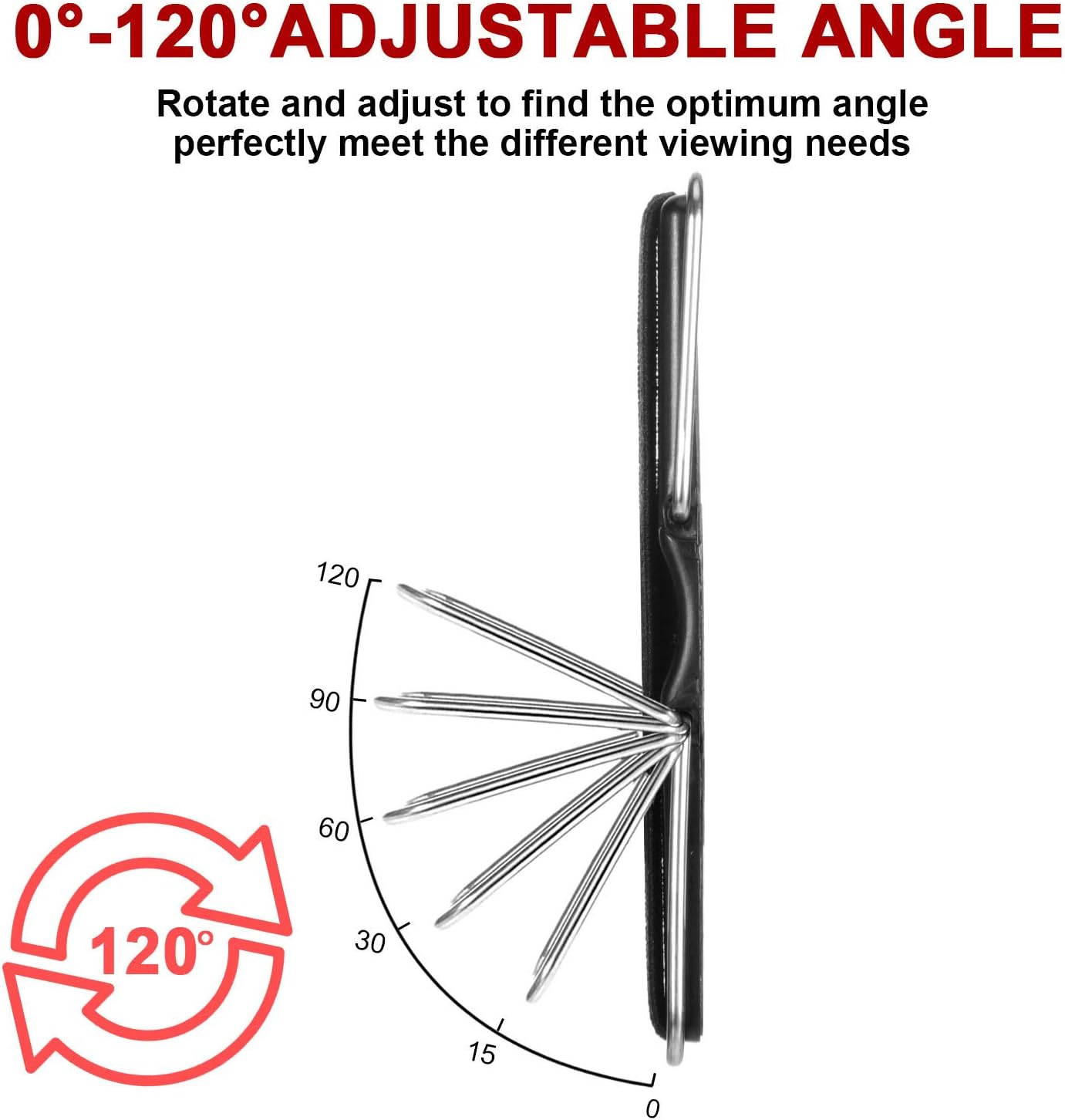 Das Diagramm des einstellbaren Winkels zeigt, wie sich ein Telefonständer von 0 auf 120 Grad dreht, um die Sehbedürfnisse zu verbessern.