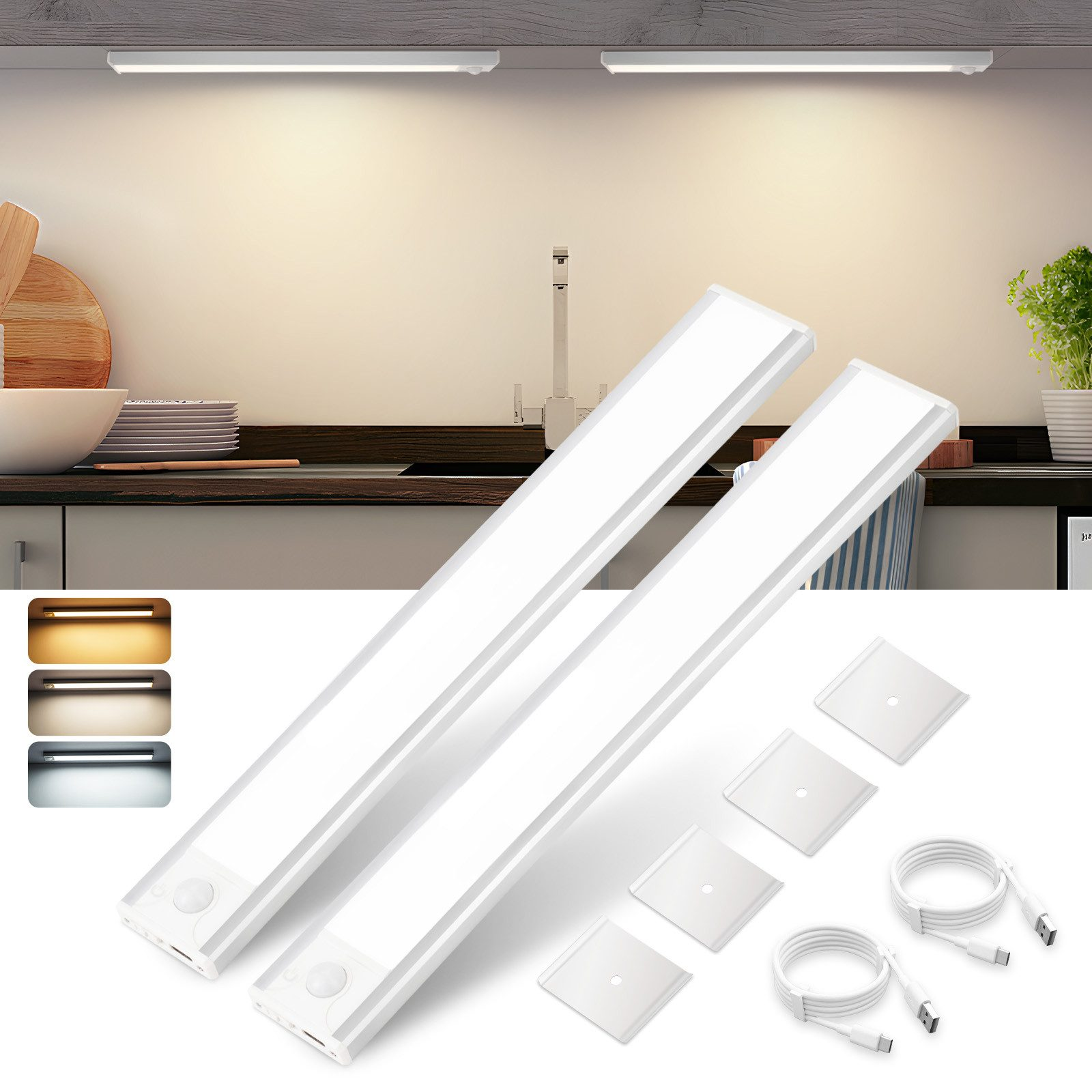 Obraz przedstawia dwie lampy LED pod szafką kuchenną, z umywalką, kranem i rośliną doniczkową w tle.