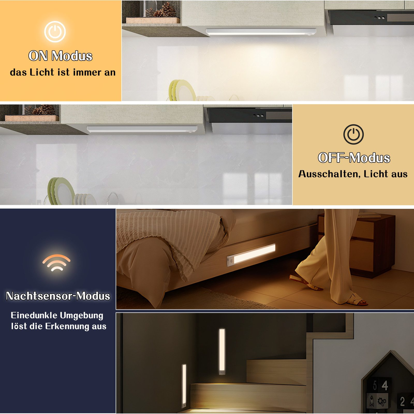 Obraz przedstawia oświetlenie podszafkowe w różnych trybach i ustawieniach, w tym tryby włączony, wyłączony i czujnik nocny.