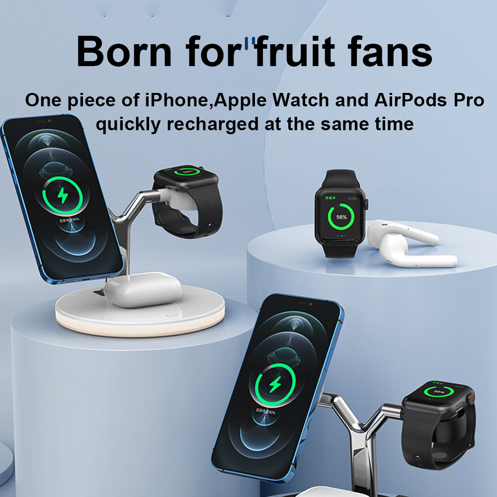 Das Bild zeigt einen Ladeständer für Apple-Produkte, darunter iPhones, Apple Watches und AirPods Pro.