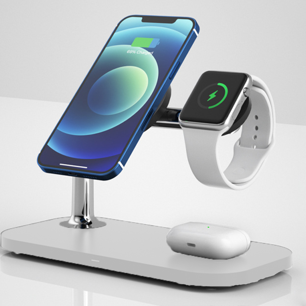 Eine kabellose Ladestation für ein Telefon, eine Uhr und Ohrhörer, die ein aufladendes iPhone und eine Apple Watch anzeigt.