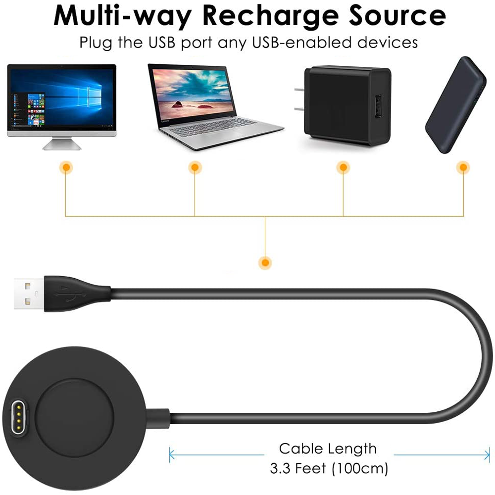 Ein schwarzer Ladepuck mit einem USB-Kabel wird angezeigt, mit einer Grafik, die Geräte zeigt, mit denen er sich verbinden kann.