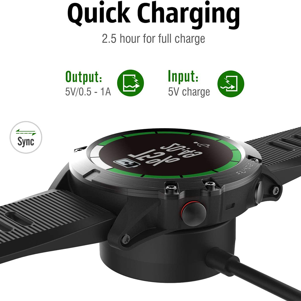Eine schwarze Smartwatch wird auf einem Ladepuck aufgeladen. Das Zifferblatt zeigt 12:16 an.